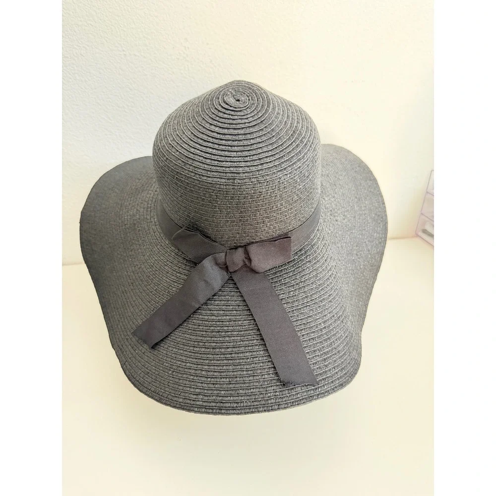Black Wide Brim Sun Hat Paper Straw Floppy‎ Beach Hat with Ribbon Bow RN17730
